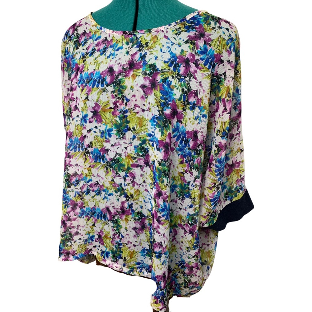 LYS Floral Sheer Short Sleeve Blue Purple Size 1X